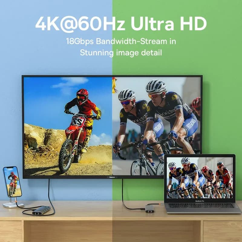 4K 60Hz USB-C hub'as su HDMI, Ethernet ir 100W PD