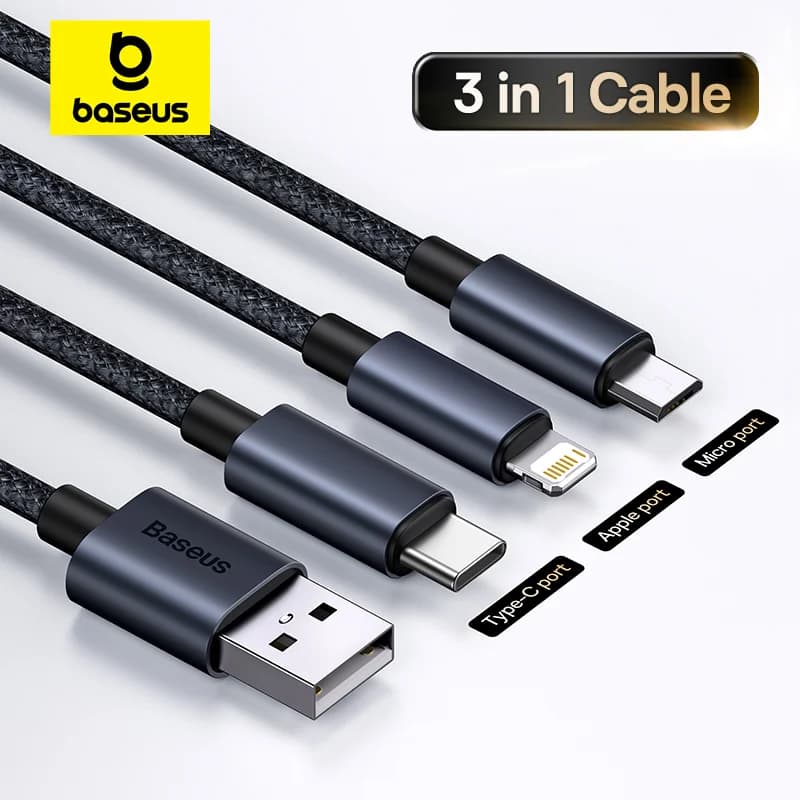 3-in-1 USB įkrovimo kabelis su Type-C ir Micro USB