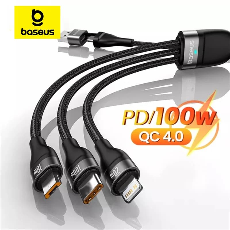 3-in-1 100W greito įkrovimo kabelis su Type-C ir Micro USB