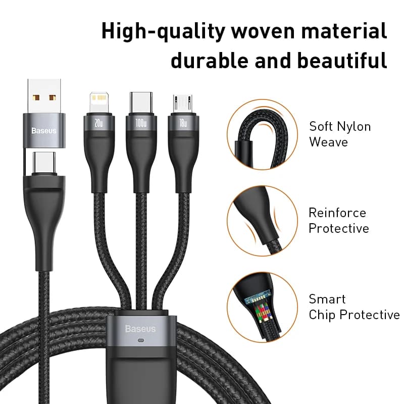 3-in-1 100W greito įkrovimo kabelis su Type-C ir Micro USB